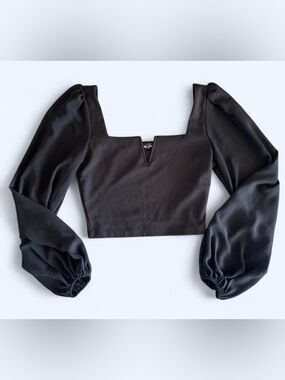Top10 Womens Black Square Neck Puff Sleeve Crop Top Small
